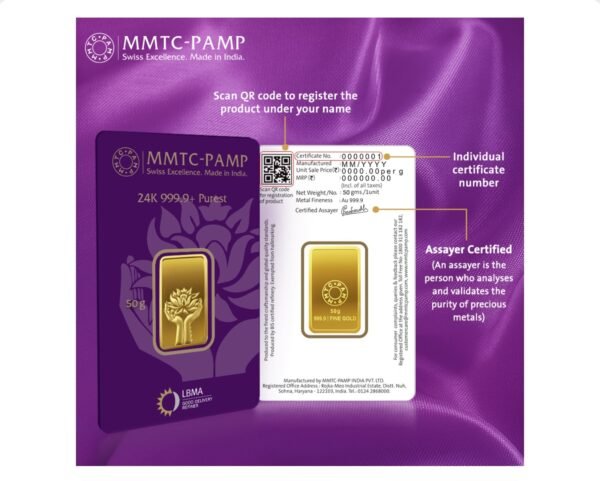 50 gm Gold 999.9 Minted Bar Lotus Certicard QR - Image 4