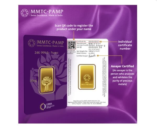 100 gm Gold 999.9 Minted Bar Lotus Certicard (923) - Image 4